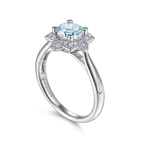 14K White Gold Flower Halo Aquamarine and Diamond Ring