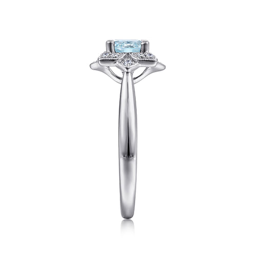 14K White Gold Flower Halo Aquamarine and Diamond Ring