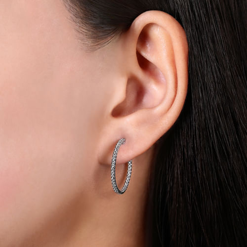14K White Gold French Pavé 20mm Round Inside Out Diamond Hoop Earrings
