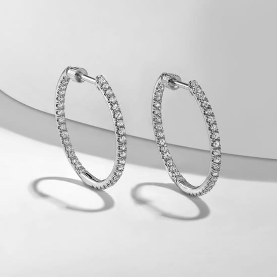 14K White Gold French Pavé 20mm Round Inside Out Diamond Hoop Earrings angle 5
