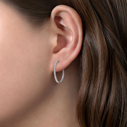 14K White Gold French Pavé 20mm Round Inside Out Diamond Hoop Earrings