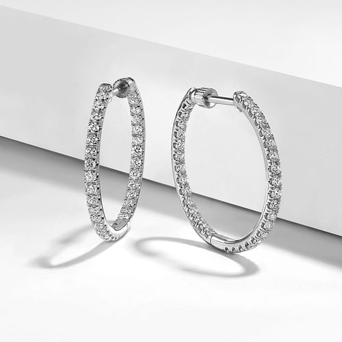 14K White Gold French Pavé 20mm Round Inside Out Diamond Hoop Earrings