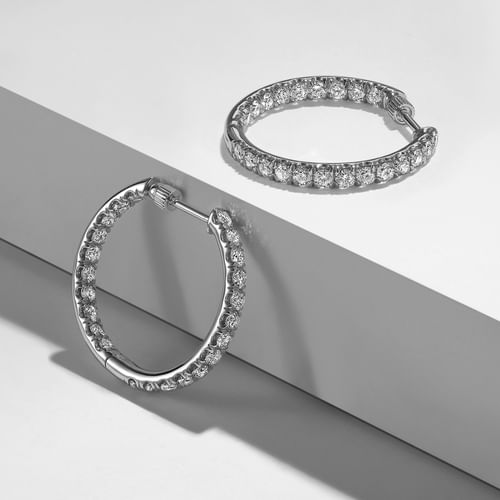 14K White Gold French Pavé 20mm Round Inside Out Diamond Hoop Earrings