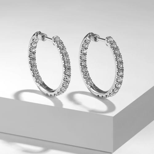 14K White Gold French Pavé 20mm Round Inside Out Diamond Hoop Earrings