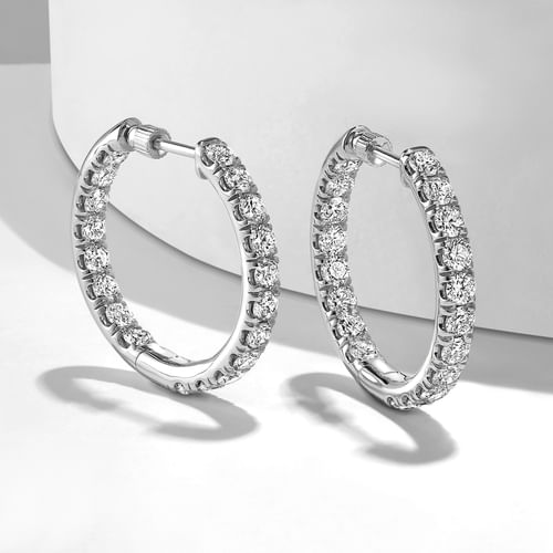 14K White Gold French Pavé 20mm Round Inside Out Diamond Hoop Earrings