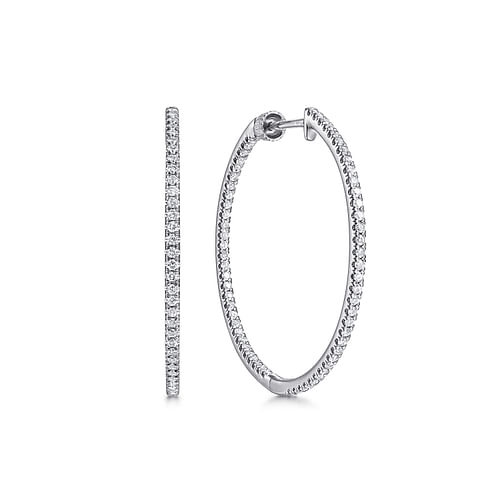 14K White Gold French Pavé 30mm Round Inside Out Diamond Hoop Earrings