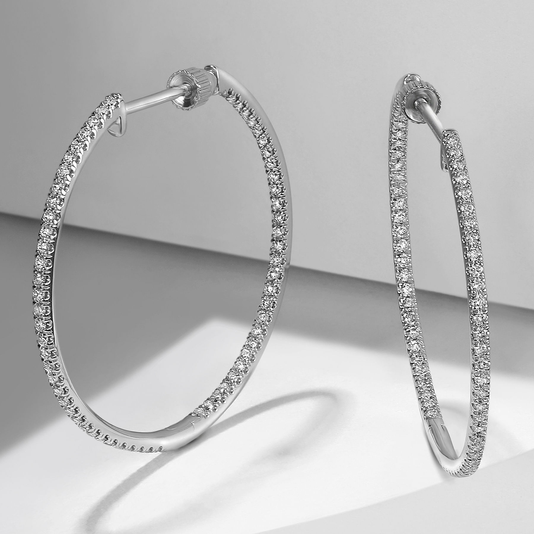 14K White Gold French Pavé 30mm Round Inside Out Diamond Hoop Earrings