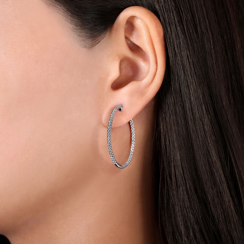14K White Gold French Pavé 30mm Round Inside Out Diamond Hoop Earrings