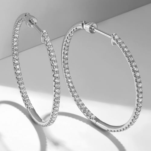 14K White Gold French Pavé 30mm Round Inside Out Diamond Hoop Earrings
