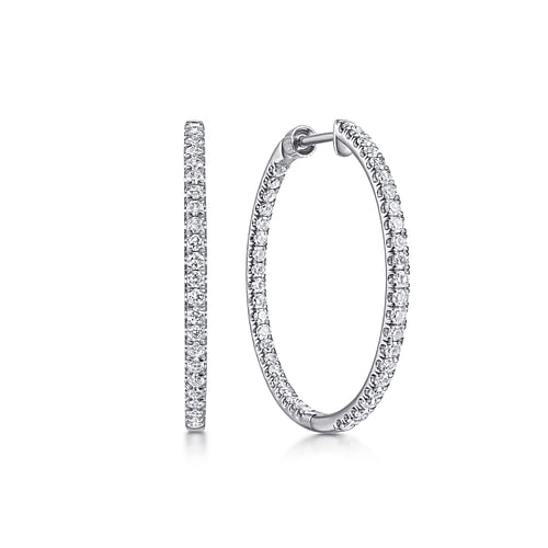 14K White Gold French Pavé 30mm Round Inside Out Diamond Hoop Earrings
