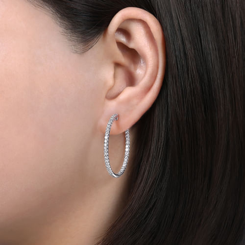 14K White Gold French Pavé 30mm Round Inside Out Diamond Hoop Earrings