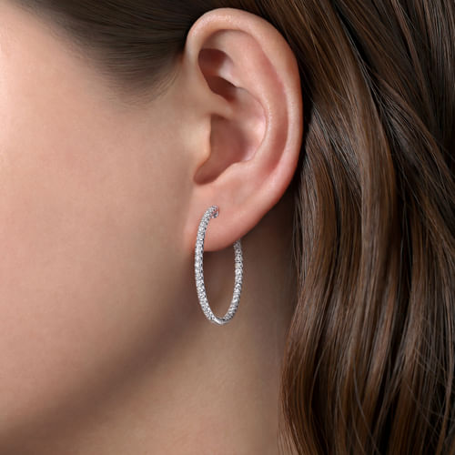 14K White Gold French Pavé 30mm Round Inside Out Diamond Hoop Earrings