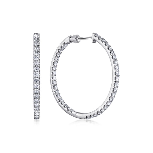 14K White Gold French Pavé 30mm Round Inside Out Diamond Hoop Earrings