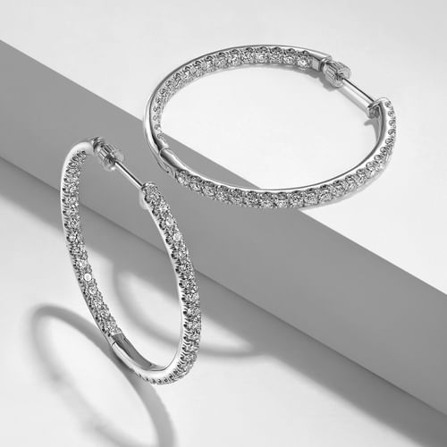 14K White Gold French Pavé 30mm Round Inside Out Diamond Hoop Earrings