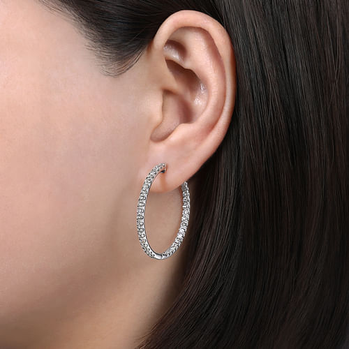 14K White Gold French Pavé 30mm Round Inside Out Diamond Hoop Earrings