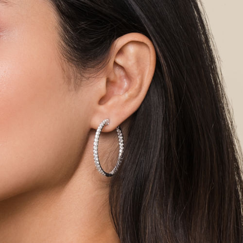 14K White Gold French Pavé 30mm Round Inside Out Diamond Hoop Earrings