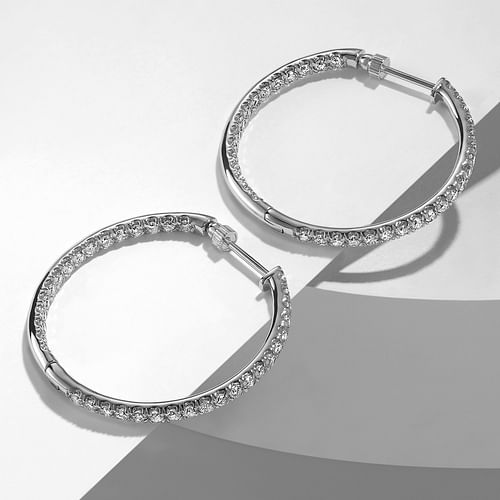 14K White Gold French Pavé 30mm Round Inside Out Diamond Hoop Earrings