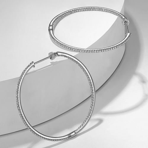 14K White Gold French Pavé 40mm Round Inside Out Diamond Hoop Earrings