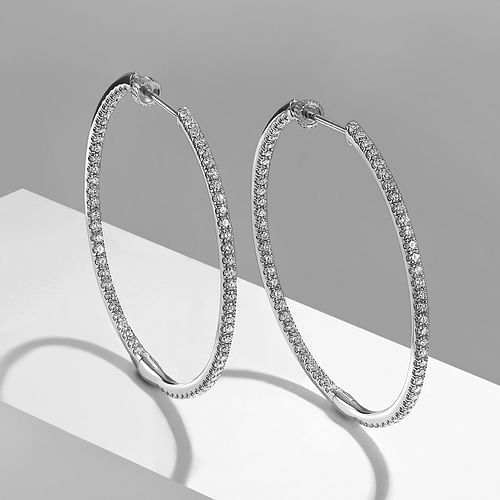 14K White Gold French Pavé 40mm Round Inside Out Diamond Hoop Earrings