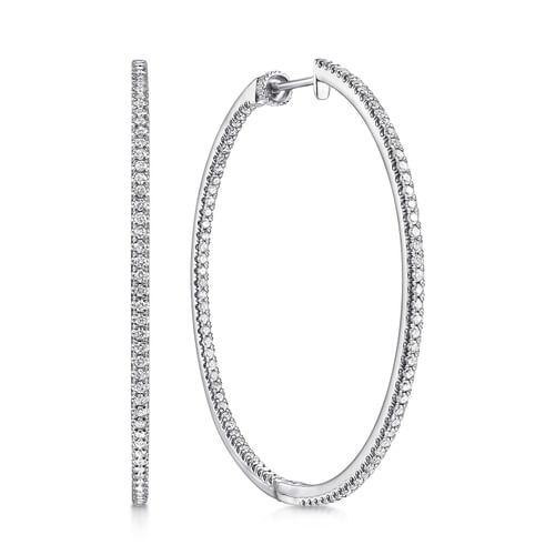 14K White Gold French Pavé 50mm Round Inside Out Diamond Hoop Earrings