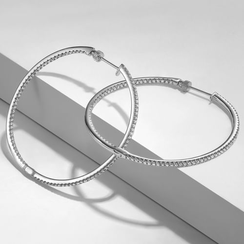 14K White Gold French Pavé 50mm Round Inside Out Diamond Hoop Earrings