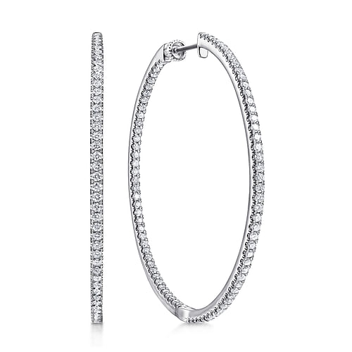 14K White Gold French Pavé 50mm Round Inside Out Diamond Hoop Earrings