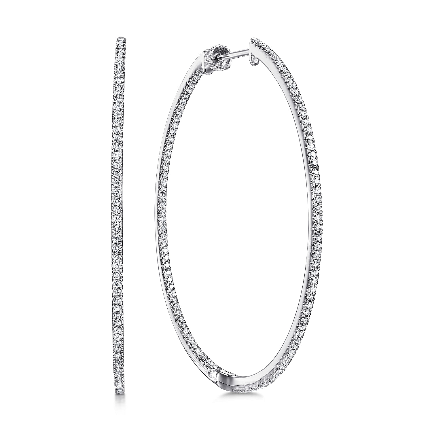14K White Gold French Pavé 50mm Round Inside Out Diamond Hoop Earrings