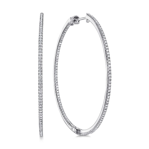 14K White Gold French Pavé 50mm Round Inside Out Diamond Hoop Earrings