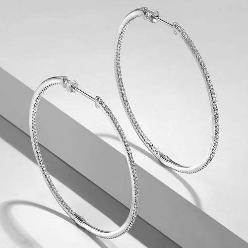 14K White Gold French Pavé 50mm Round Inside Out Diamond Hoop Earrings