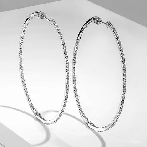 14K White Gold French Pavé 60mm Round Inside Out Diamond Hoop Earrings