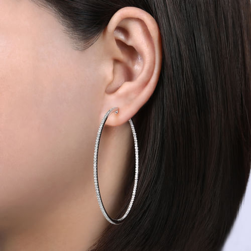 14K White Gold French Pavé 60mm Round Inside Out Diamond Hoop Earrings