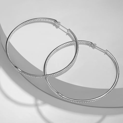 14K White Gold French Pavé 60mm Round Inside Out Diamond Hoop Earrings