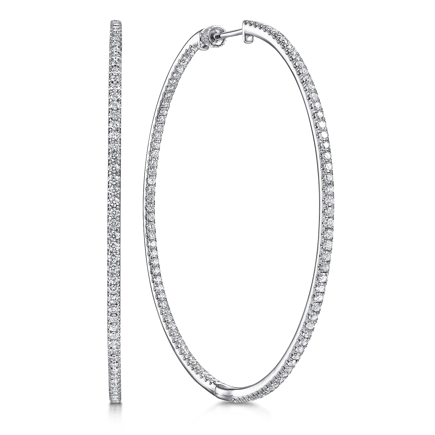 14K White Gold French Pavé 60mm Round Inside Out Diamond Hoop Earrings