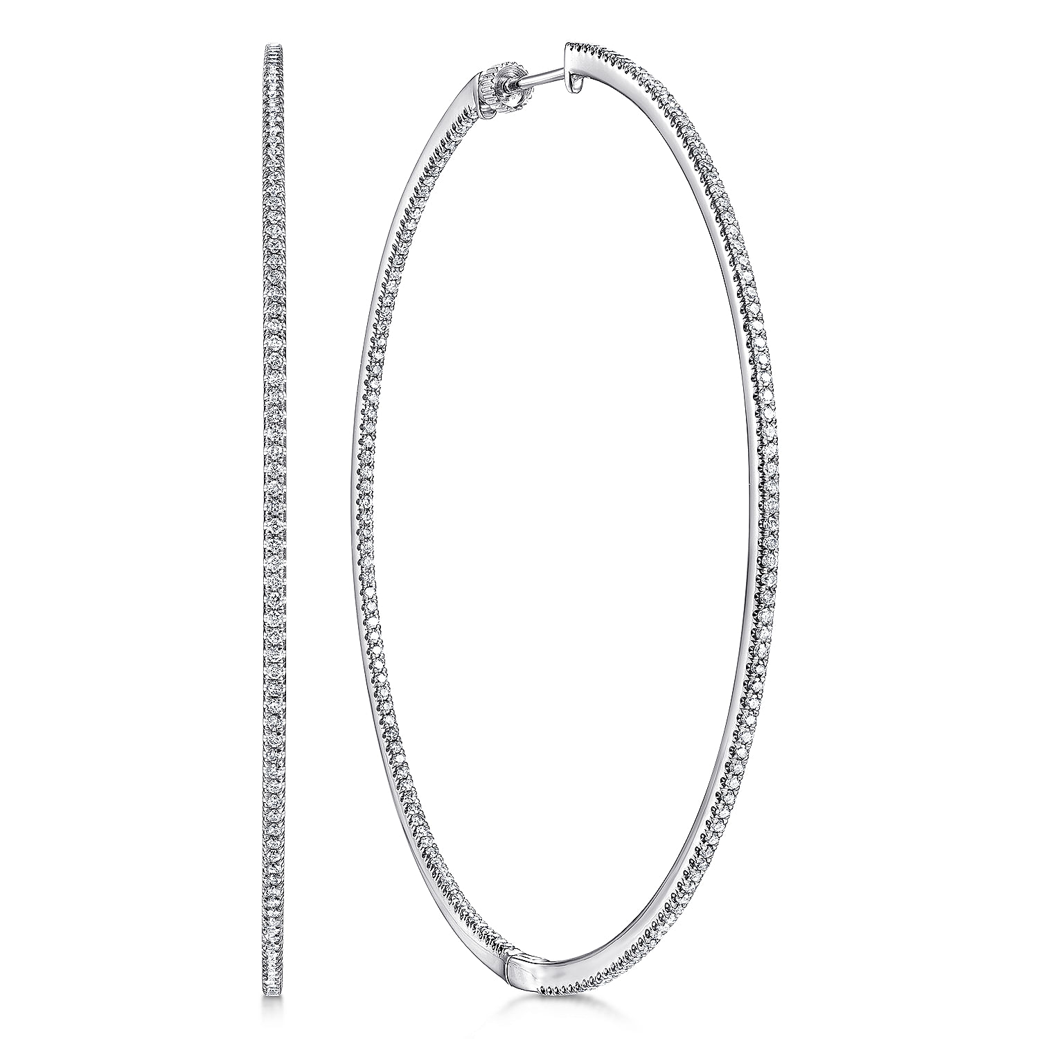 14K White Gold French Pavé 70mm Round Inside Out Diamond Hoop Earrings