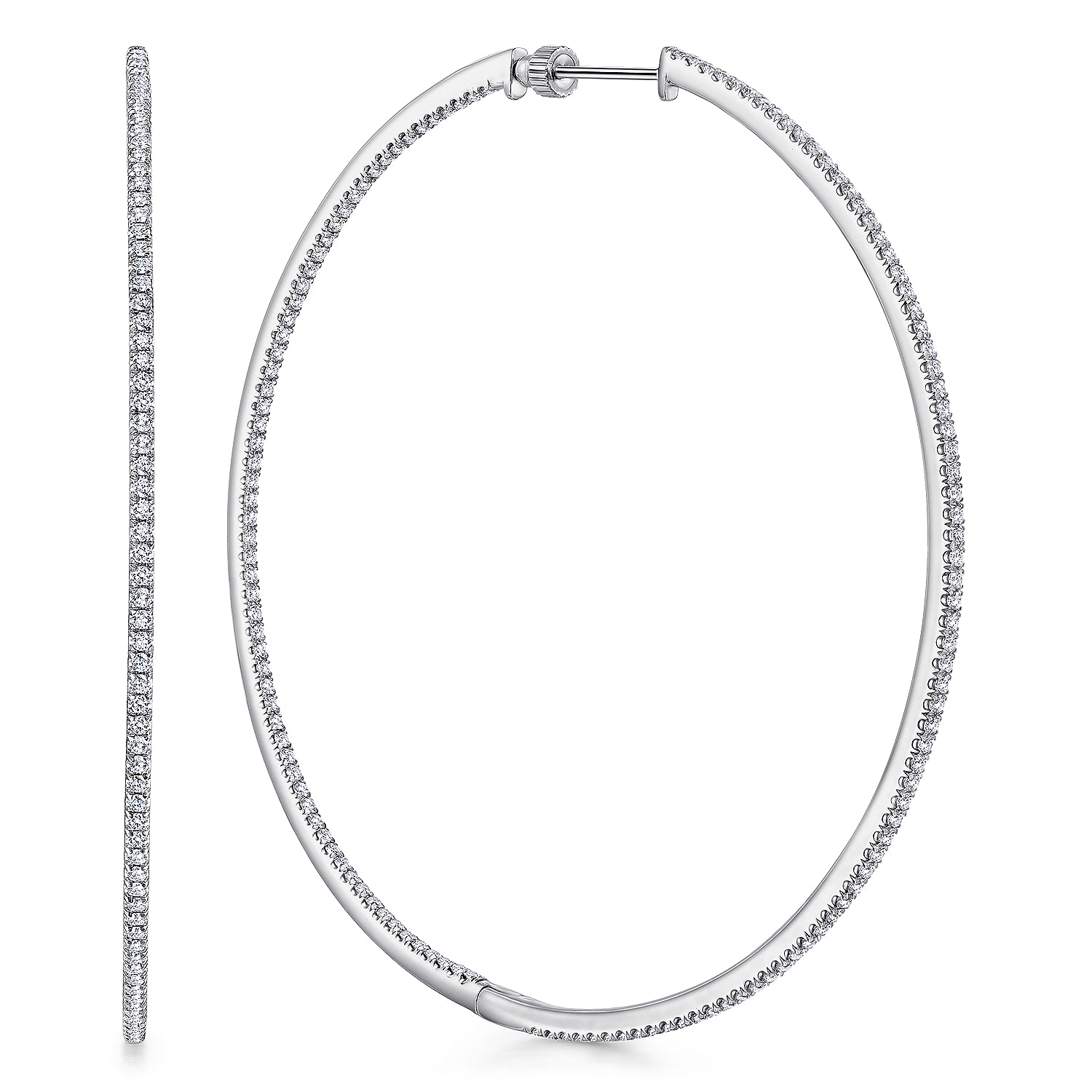 14K White Gold French Pavé 70mm Round Inside Out Diamond Hoop Earrings