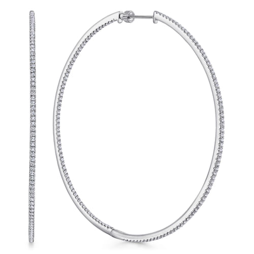 14K White Gold French Pavé 70mm Round Inside Out Diamond Hoop Earrings