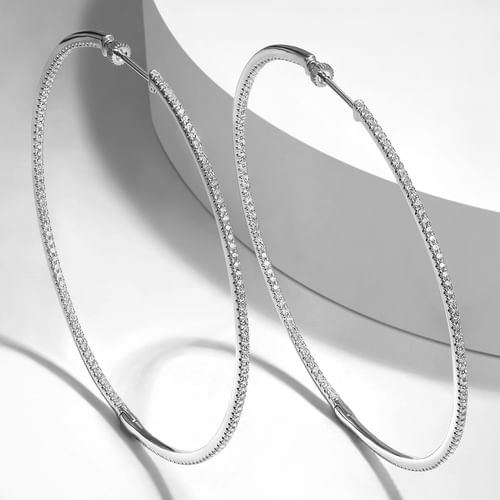 14K White Gold French Pavé 70mm Round Inside Out Diamond Hoop Earrings