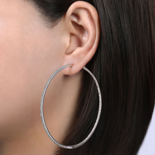 14K White Gold French Pavé 70mm Round Inside Out Diamond Hoop Earrings