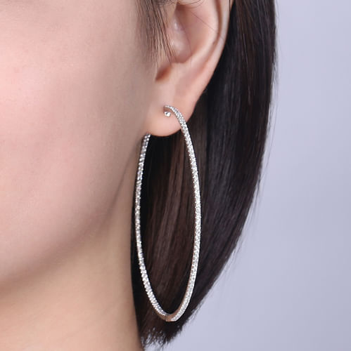 14K White Gold French Pavé 70mm Round Inside Out Diamond Hoop Earrings