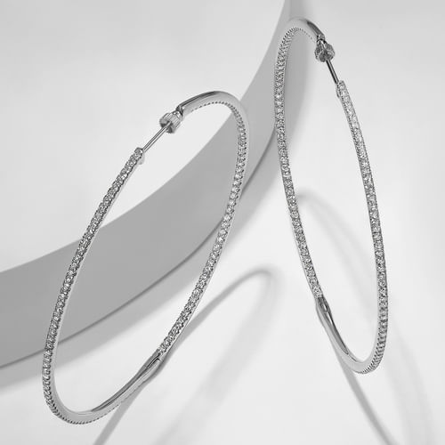 14K White Gold French Pavé 70mm Round Inside Out Diamond Hoop Earrings