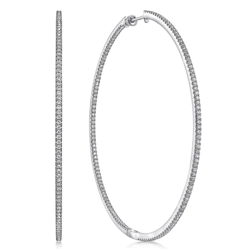 14K White Gold French Pavé 80mm Round Inside Out Diamond Hoop Earrings
