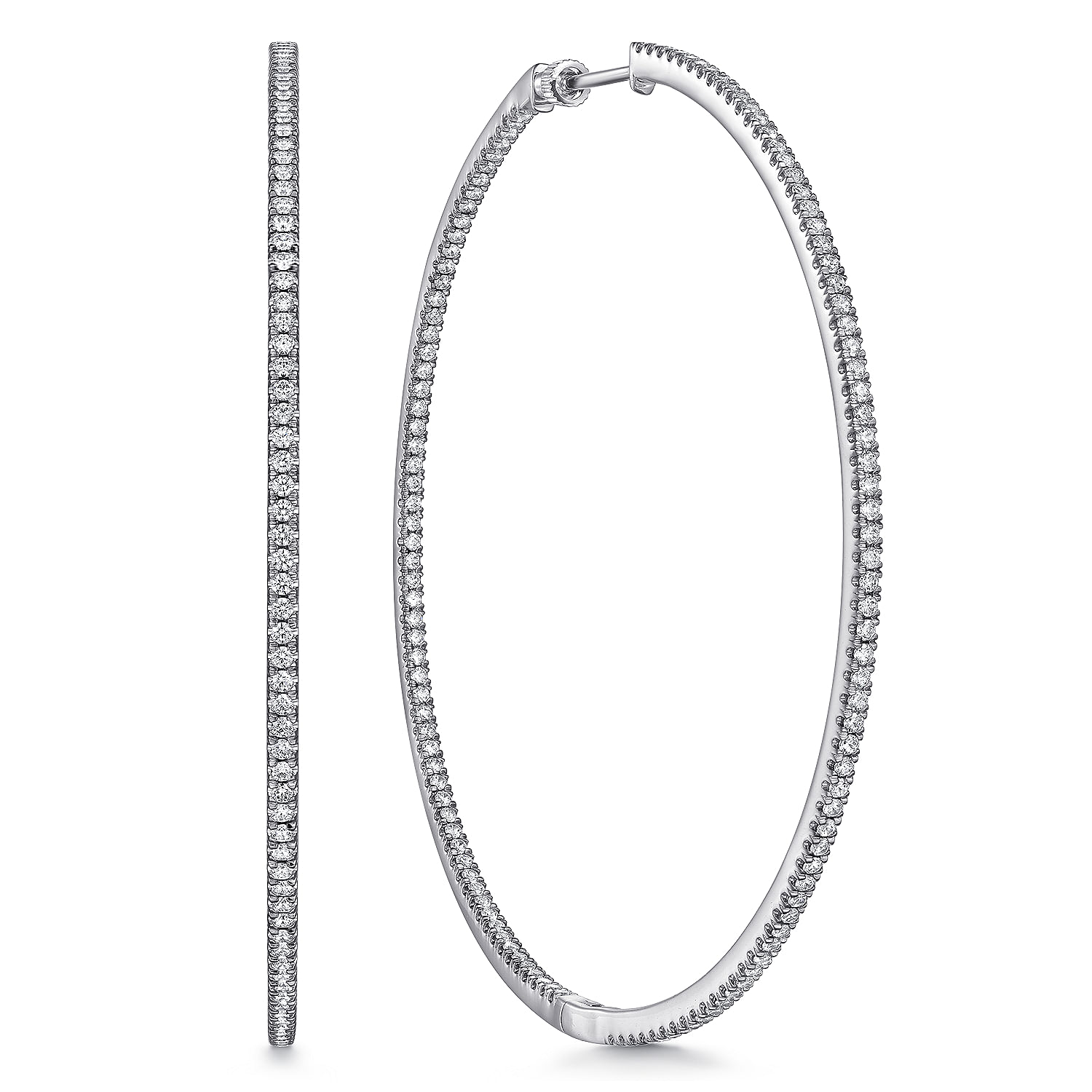 14K White Gold French Pavé 80mm Round Inside Out Diamond Hoop Earrings
