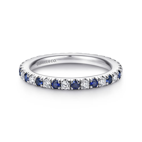 14K White Gold French Pavé Set Sapphire and Diamond Eternity Band