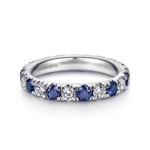 14K White Gold French Pavé Set Sapphire and Diamond Eternity Band