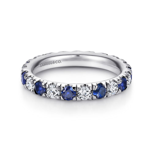 14K White Gold French Pavé Set Sapphire and Diamond Eternity Band