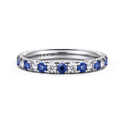 14K White Gold French Pavé Set Sapphire and Diamond Eternity Band