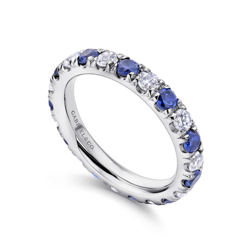 14K White Gold French Pavé Set Sapphire and Diamond Eternity Band