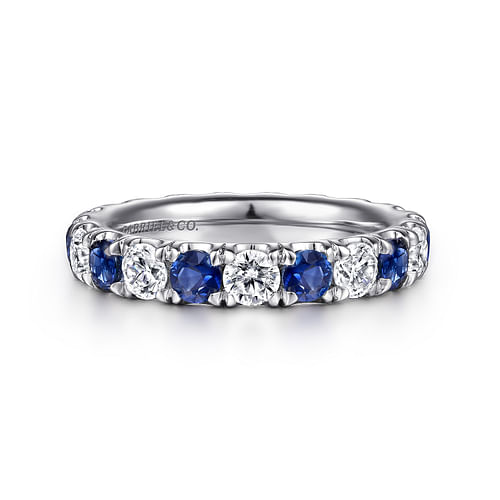 14K White Gold French Pavé Set Sapphire and Diamond Eternity Band