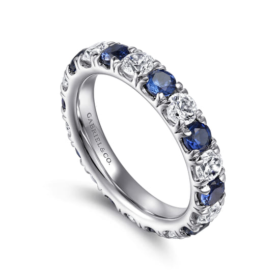 14K White Gold French Pavé Set Sapphire and Diamond Eternity Band angle 3