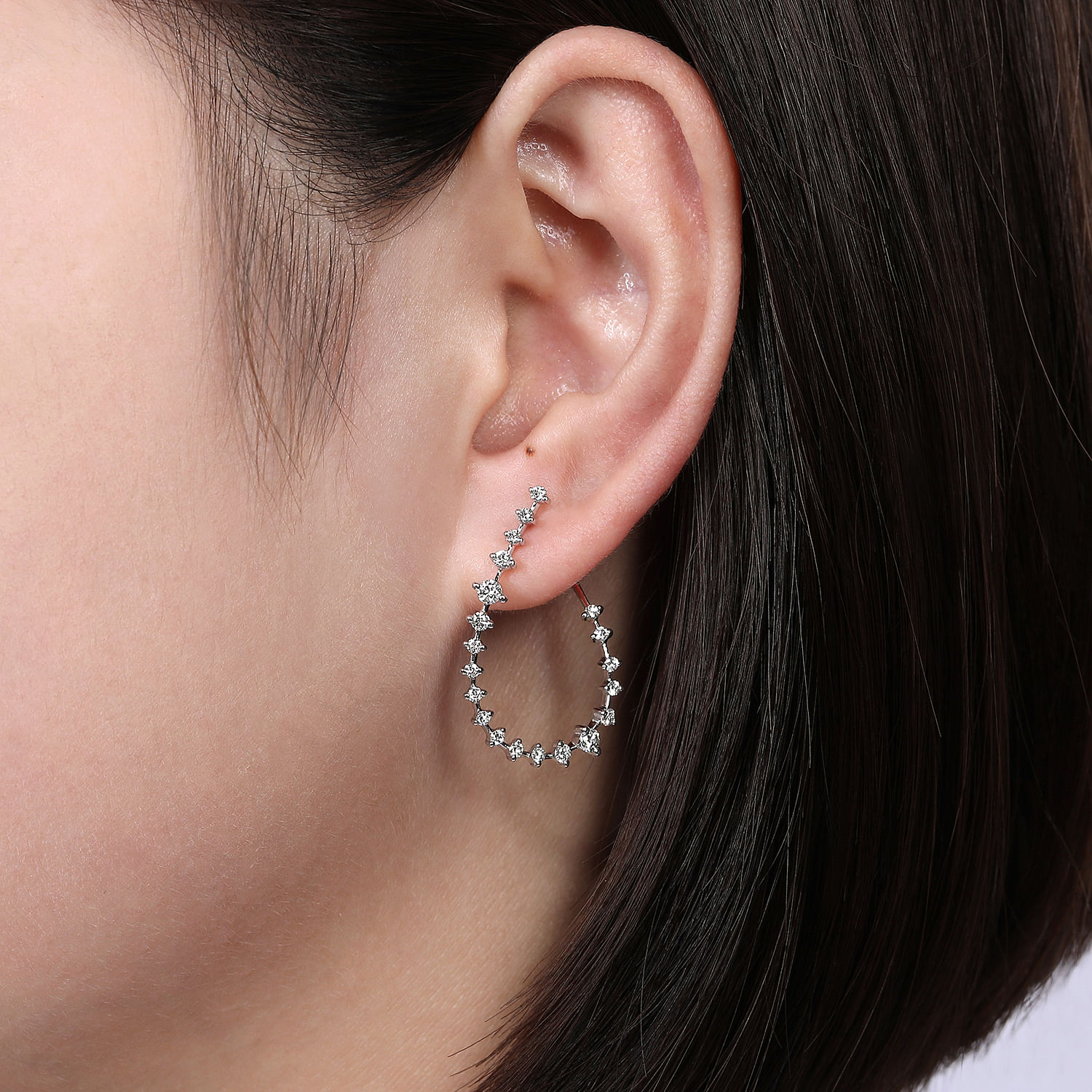 14K White Gold Front Facing Pear Shaped Diamond Hoop Earrings